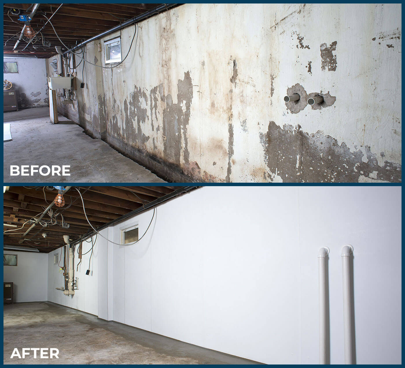 Basement wall before and after wall panel installation